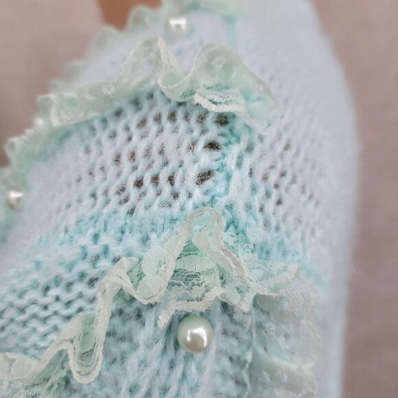 Debra Martin Vintage Women's Mint Blue Knit Sweater Lace Pearl Embellished - Picture 4 of 11
